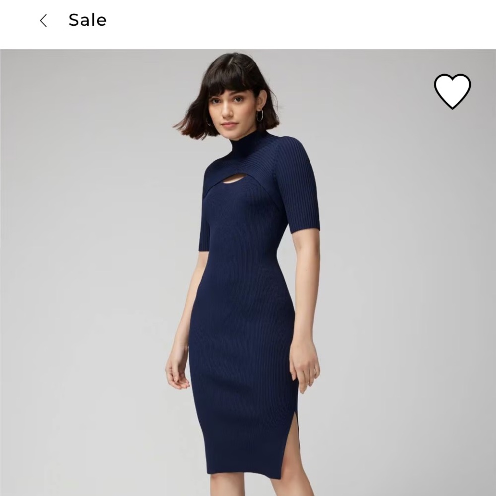 WHBM Elbow Sleeve Cut Out Sweater Elegant Navy Blue Ribbed Dress